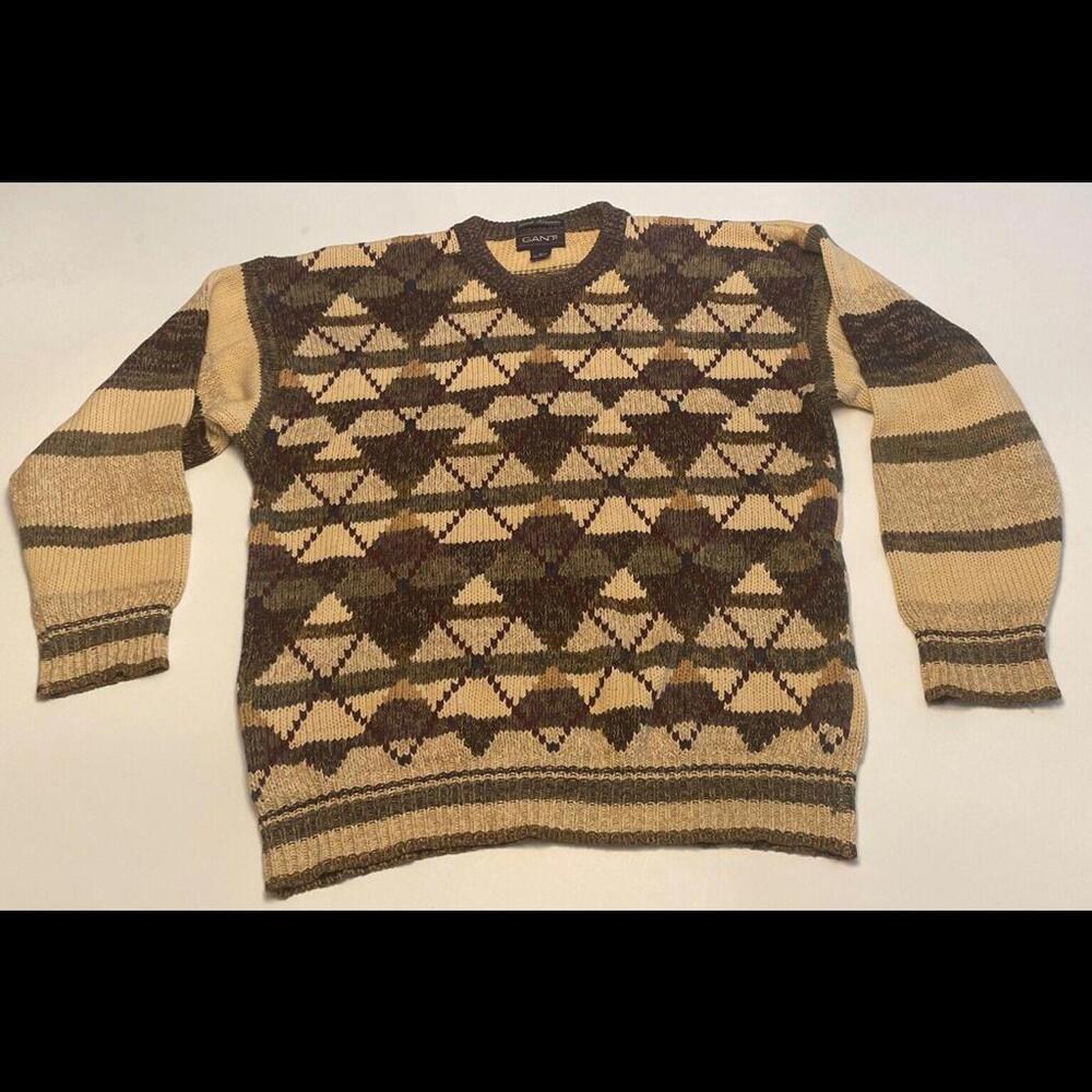 Gant Hand Intarsia Sweater Argyle Pattern Mens Cotton M Medium Oversized Grandpa
